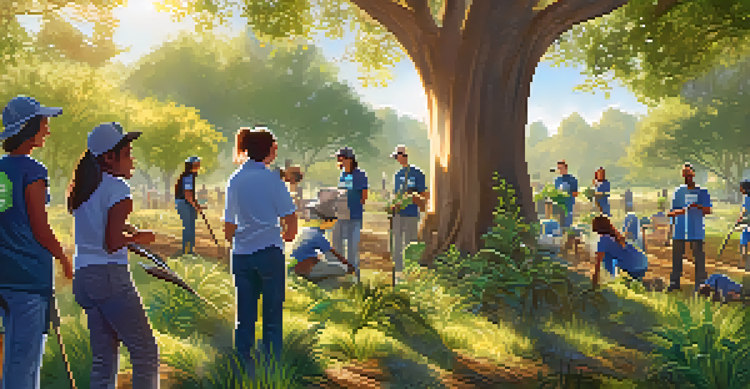 A community group planting native trees in a park, emphasizing teamwork and conservation efforts.