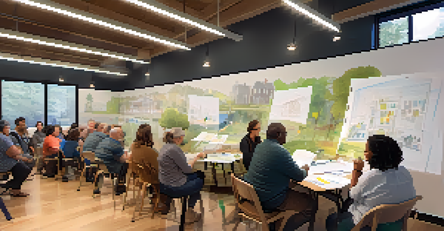 A community workshop with residents discussing sensory-friendly park designs, featuring charts and diverse participants engaged in conversation.