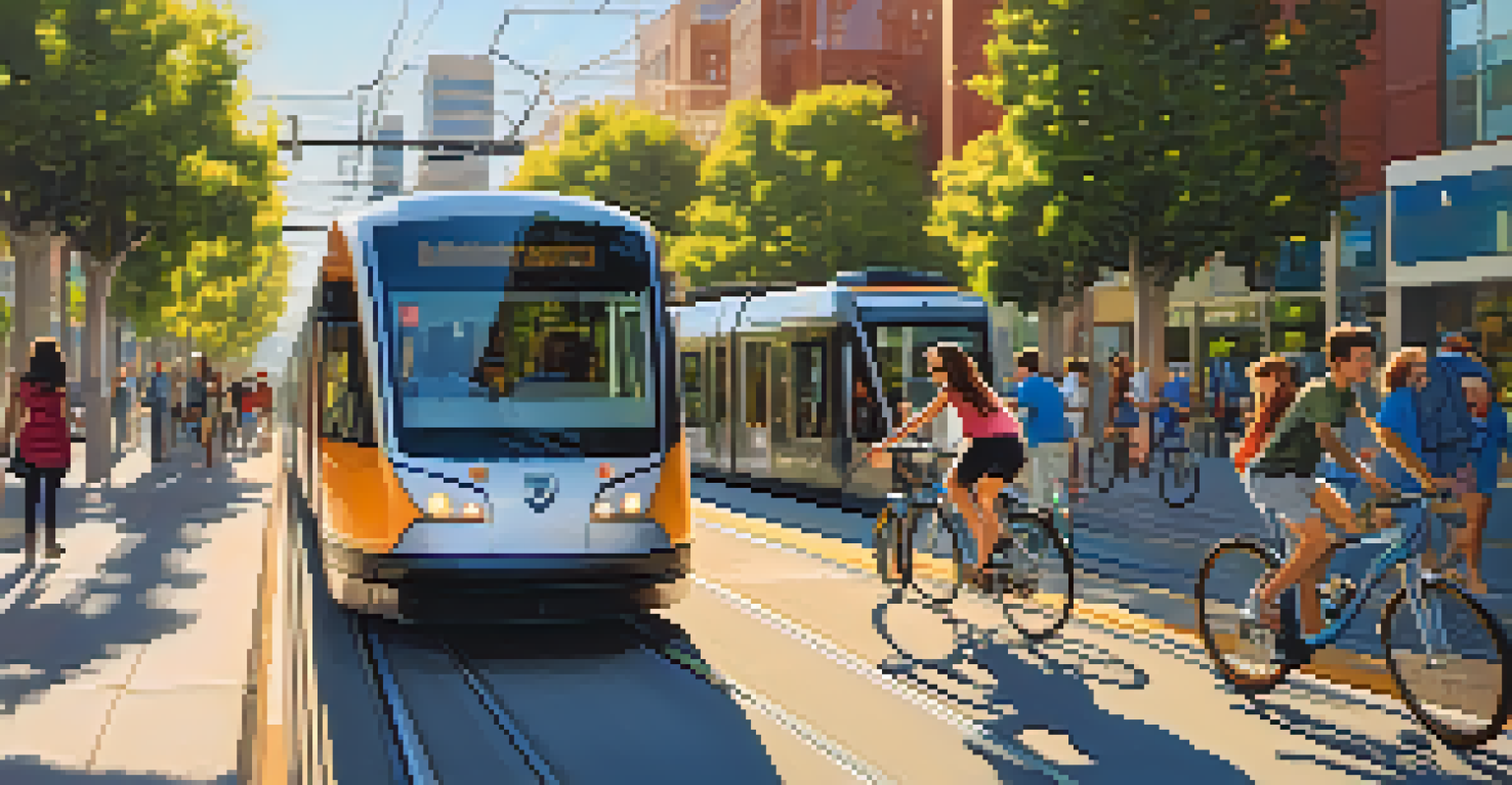 A busy street in San Jose with electric vehicles, a light rail train, and people walking and cycling, all under warm afternoon light.