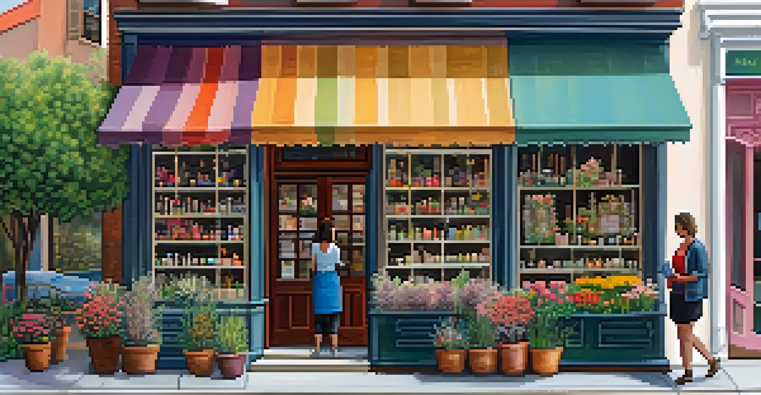 A small boutique storefront with colorful displays, flowering plants, and a shopkeeper assisting customers inside.