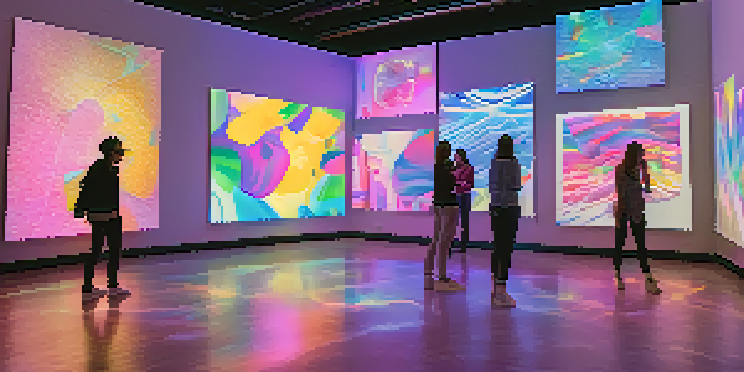 A modern gallery with interactive digital art installations, featuring colorful projections and visitors exploring augmented reality.