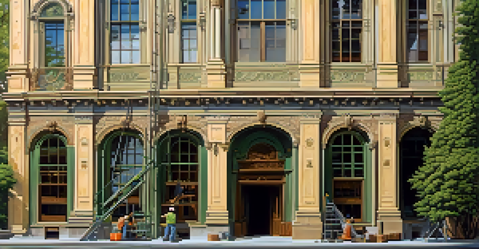 A reconstruction scene of a historic building in San Jose with workers preserving architectural details, scaffolding, and greenery surrounding the site.