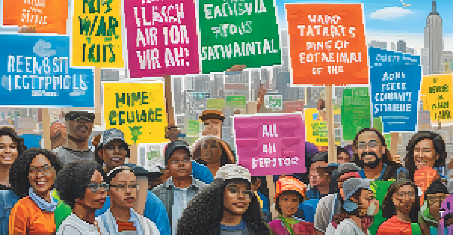 A diverse group of activists holding signs advocating for environmental justice with a city skyline in the background.