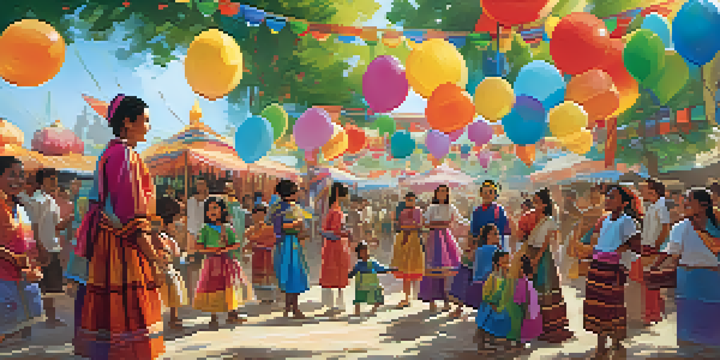 A lively multicultural festival with children playing, colorful balloons, and stalls featuring diverse cuisines and traditional attire.