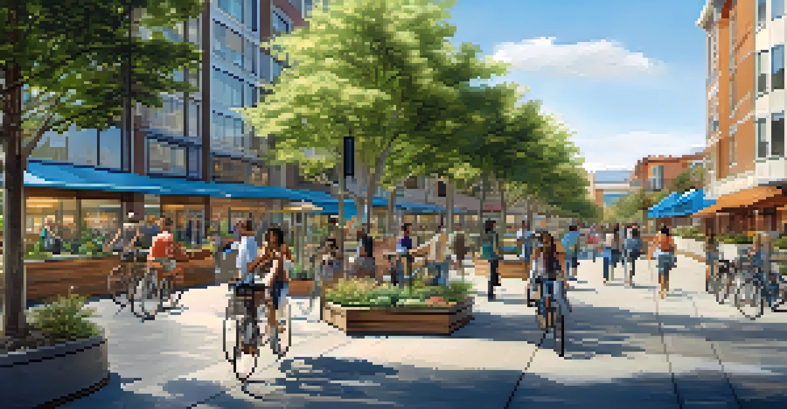 A conceptual illustration of a vibrant mixed-use community near public transit, featuring residential buildings, shops, and green spaces.