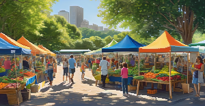 A lively Eco-Fair with colorful stalls, local vendors, families participating in activities, and sunlight filtering through trees.