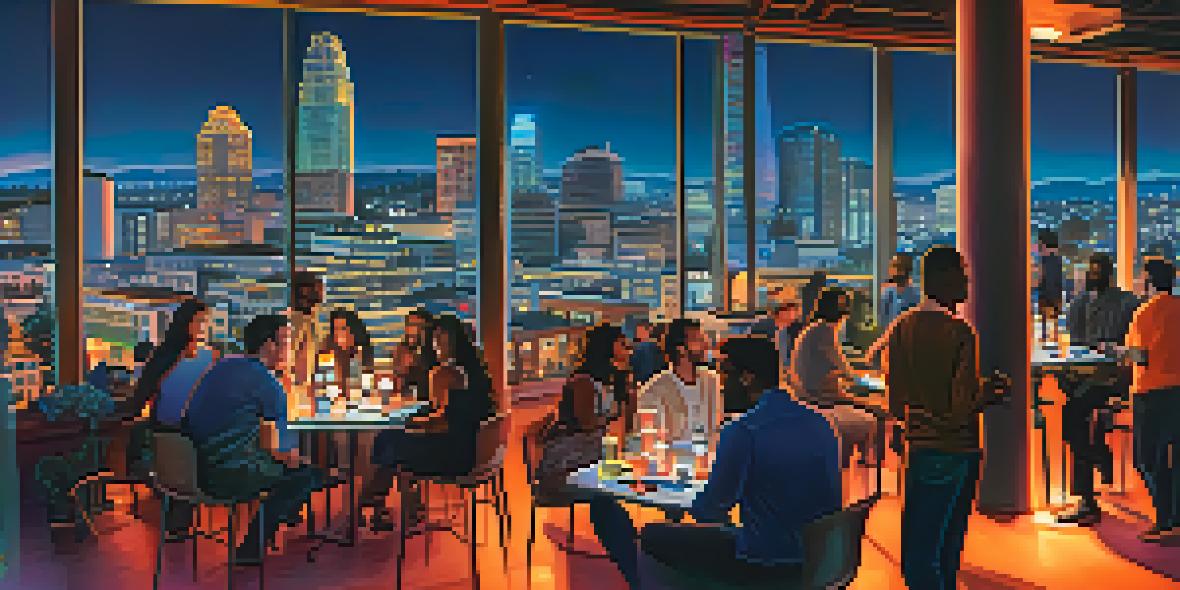 A vibrant cityscape of San Jose at dusk, with diverse entrepreneurs networking outdoors among modern skyscrapers and historic buildings.