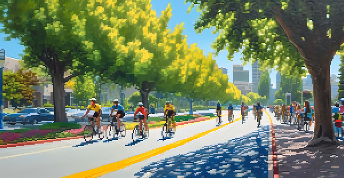 A sunny urban scene with diverse cyclists riding on a bike lane in San Jose, surrounded by trees and flowers.
