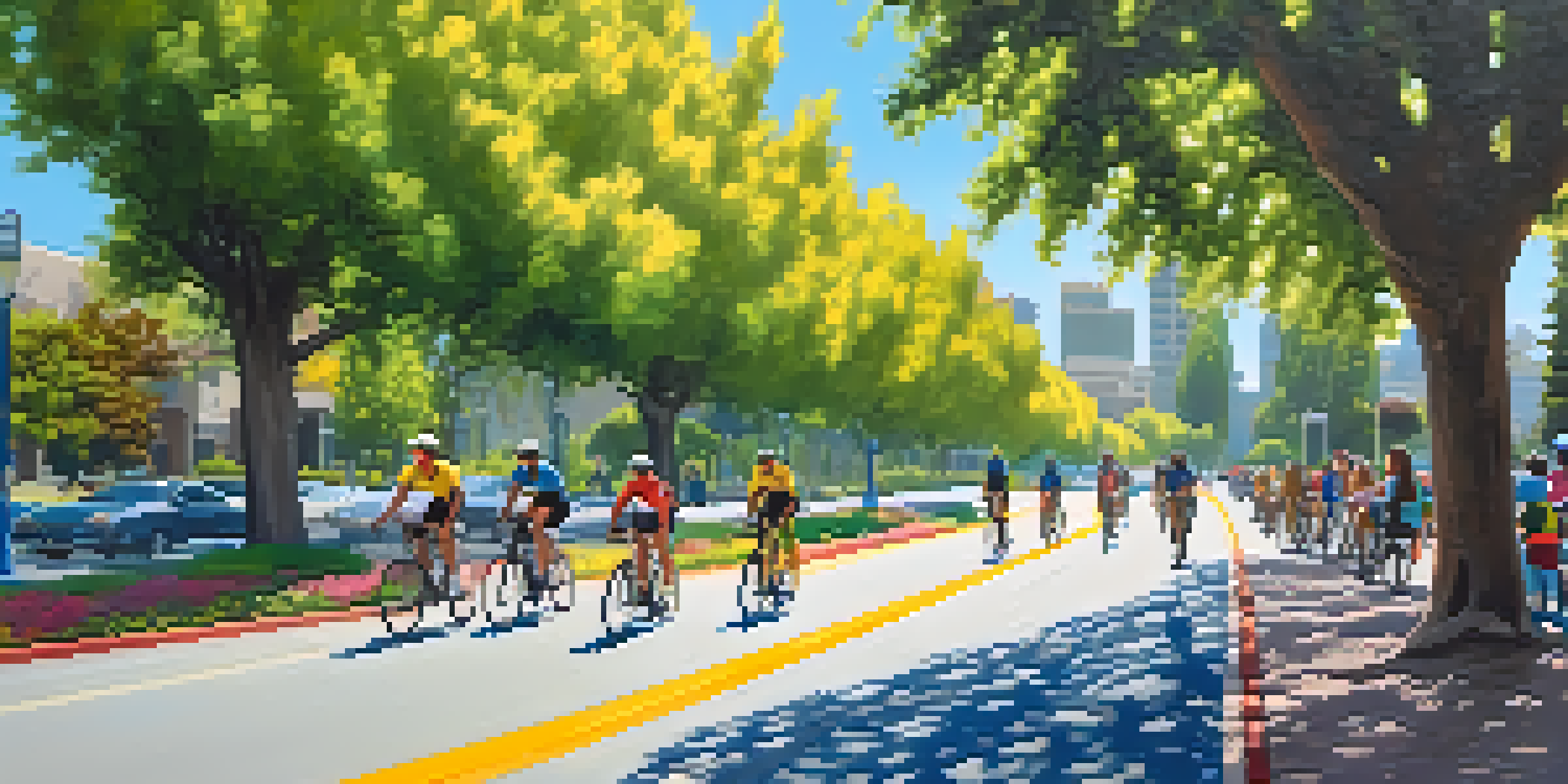 A sunny urban scene with diverse cyclists riding on a bike lane in San Jose, surrounded by trees and flowers.
