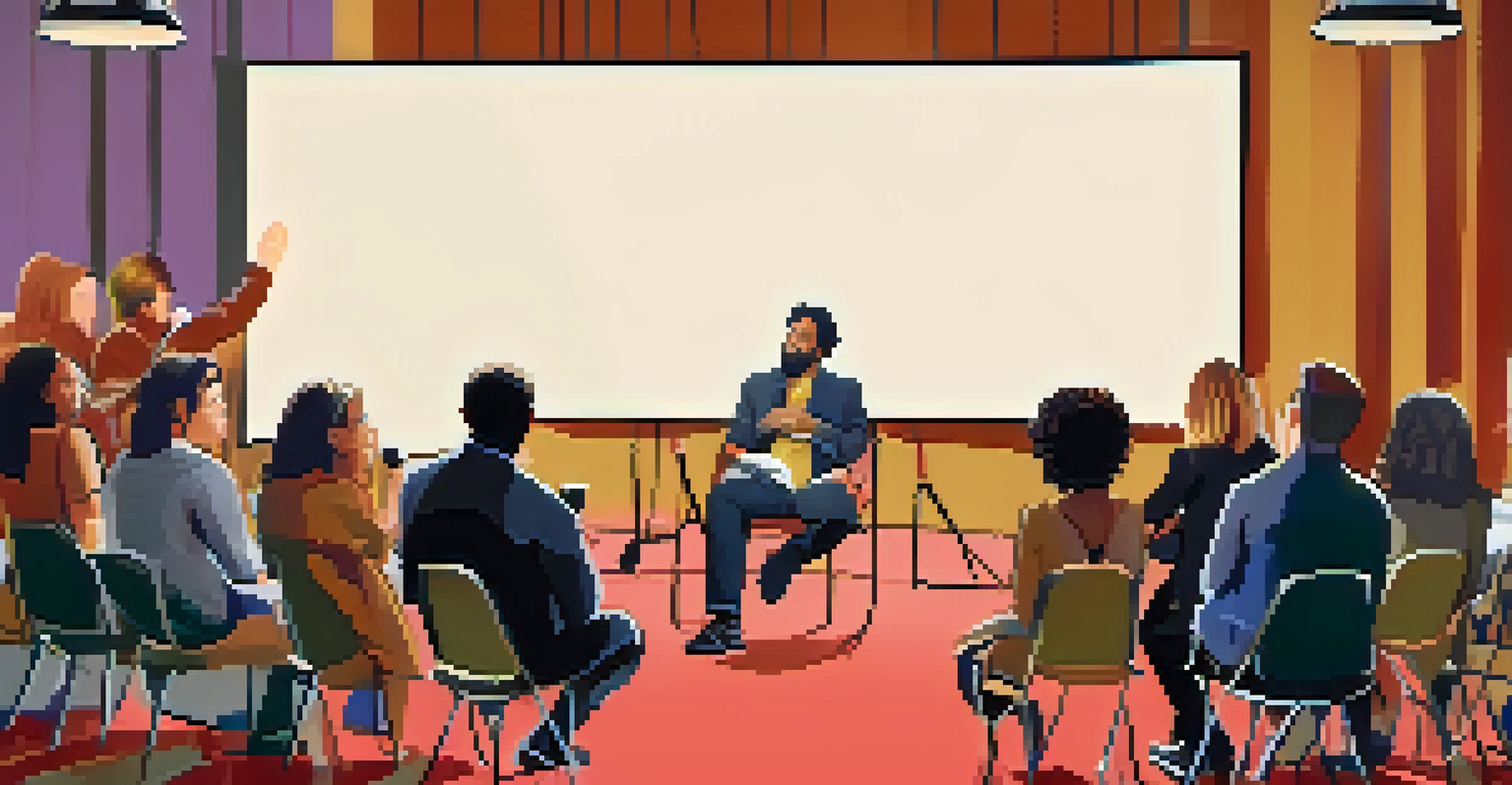 A film panel discussion with diverse filmmakers on stage, warmly lit, engaging with an interested audience.