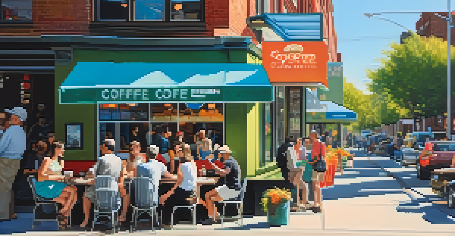 A lively street scene of a coffee shop near a transit stop, with customers sitting outside and pedestrians and cyclists passing by.