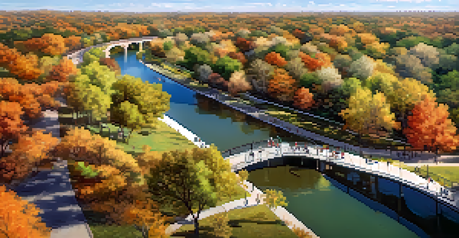 An aerial view of a lively park with trails, people biking and walking, surrounded by autumn foliage.