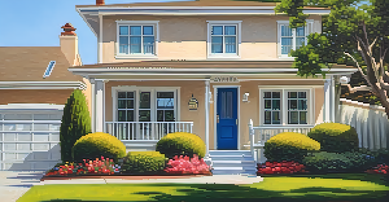 Close-up of a 'For Sale' sign in front of a charming home with a blooming garden and clear sky, radiating a welcoming atmosphere.