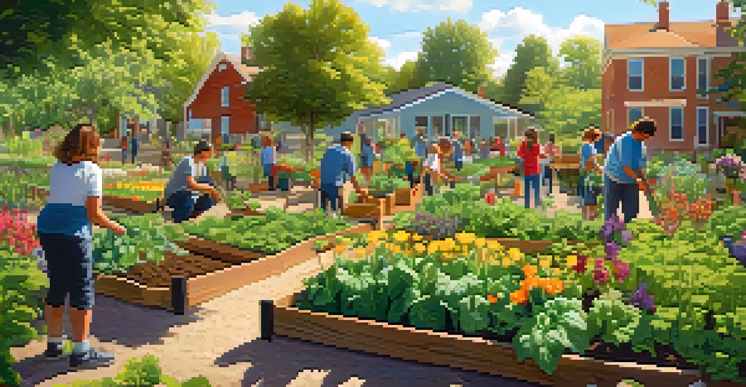 A lively community garden with people of different ages planting vegetables together, surrounded by colorful flowers and greenery under soft sunlight.