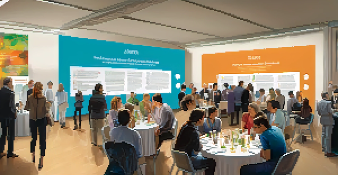 A bustling networking event with diverse individuals discussing research and innovation, surrounded by informational displays.