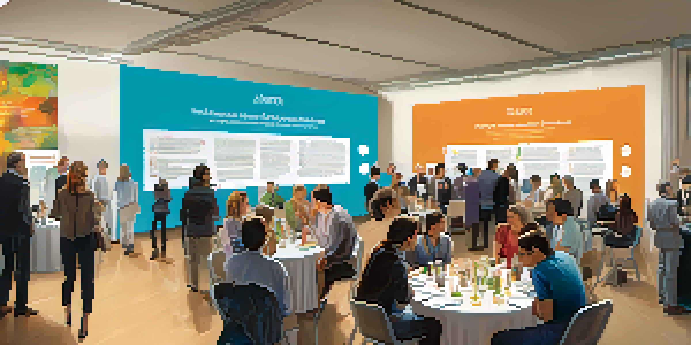 A bustling networking event with diverse individuals discussing research and innovation, surrounded by informational displays.