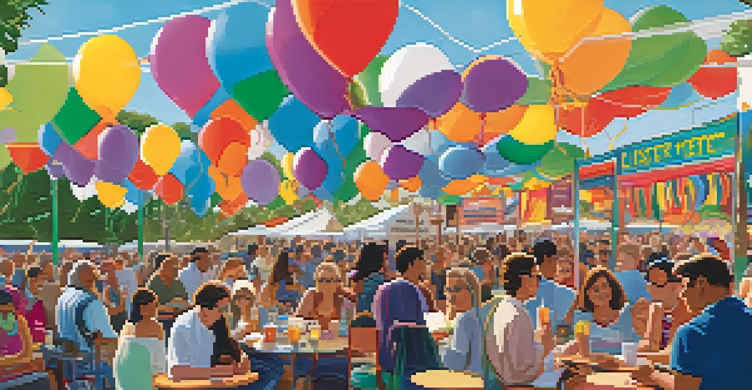 A lively outdoor literary festival with diverse attendees exploring booths and enjoying readings.
