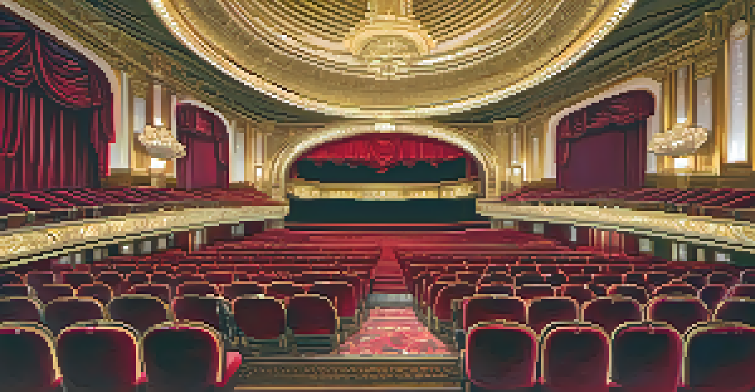 The opulent interior of The Majestic Theatre, showcasing Art Deco design with golden accents and plush red seating.