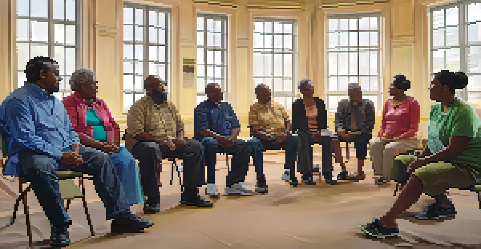 A diverse group of people in a town hall meeting engaged in discussion, with charts on the walls and natural light illuminating the room.