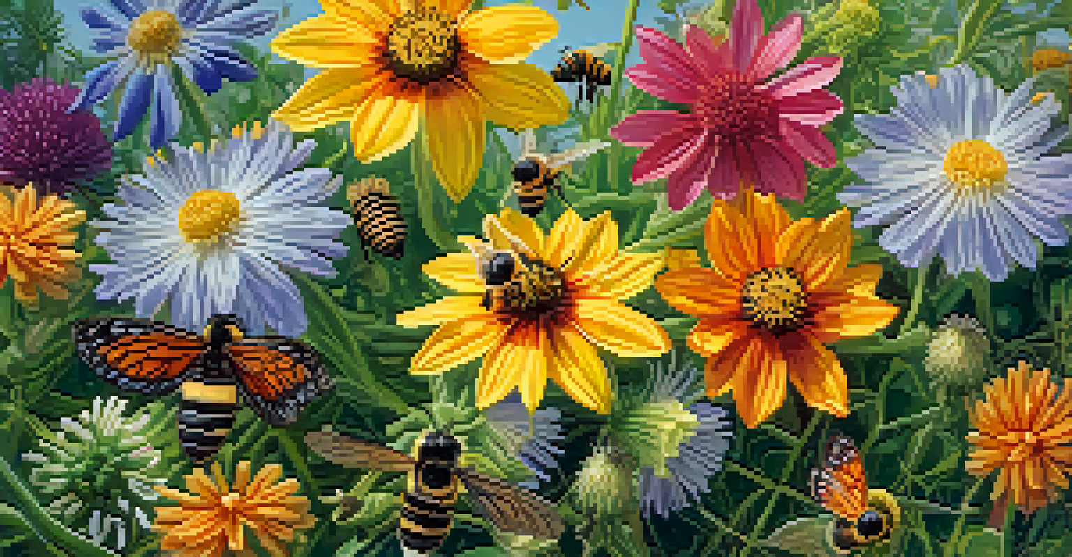 A close-up view of various native flowers in San Jose, showcasing colorful petals and insects, emphasizing biodiversity.