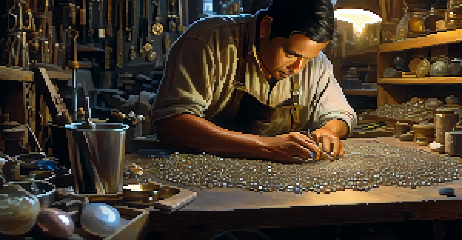 An artisan focused on crafting jewelry in a well-lit workshop, surrounded by tools and materials.
