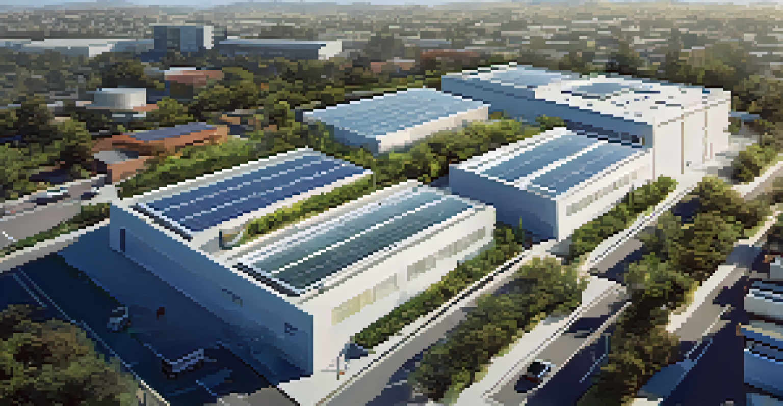 Aerial view of a commercial building in San Jose with a rainwater harvesting system on the rooftop.
