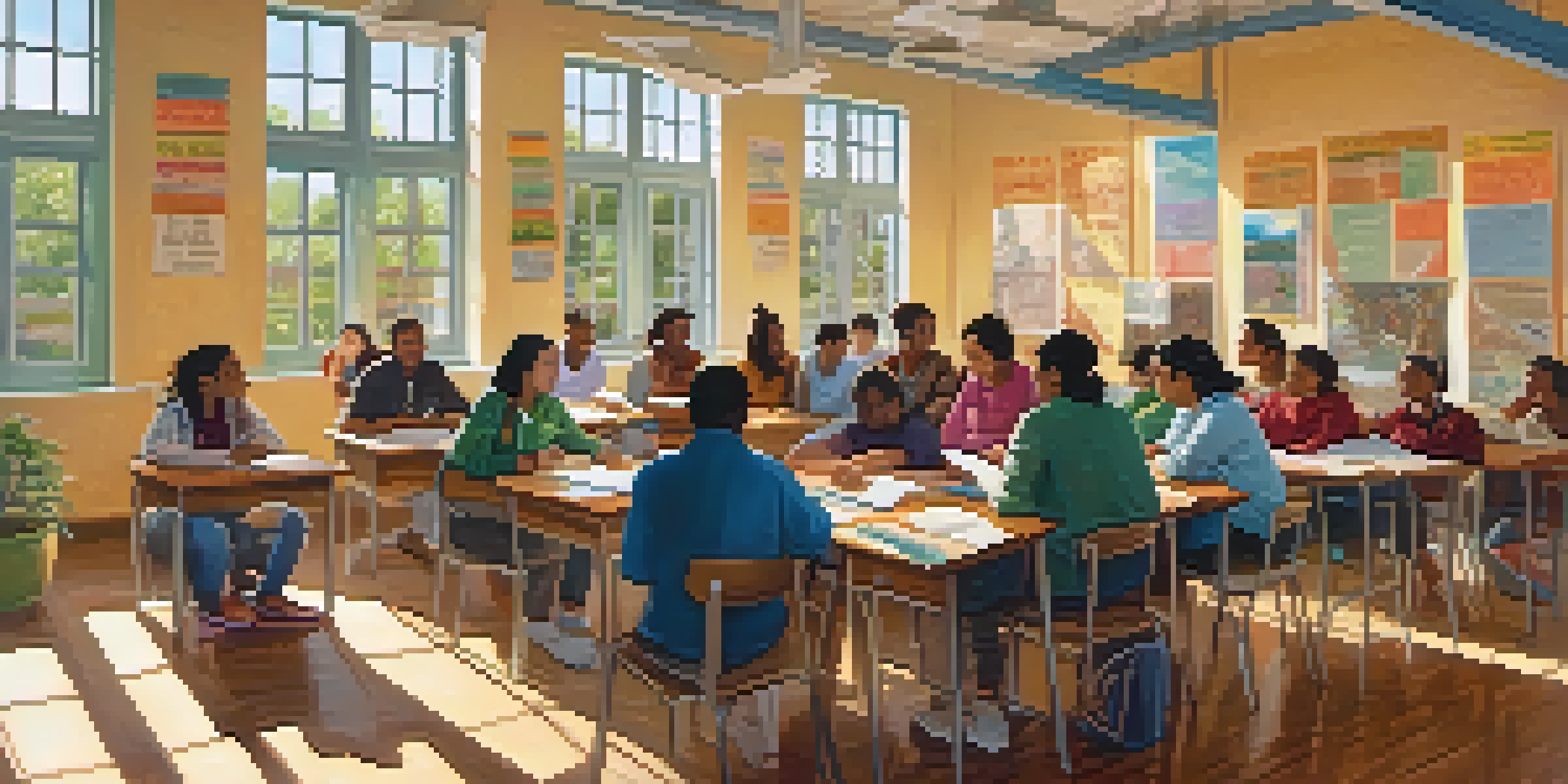 A diverse group of immigrants learning English in a community center, with colorful posters and sunlight pouring in through the windows.
