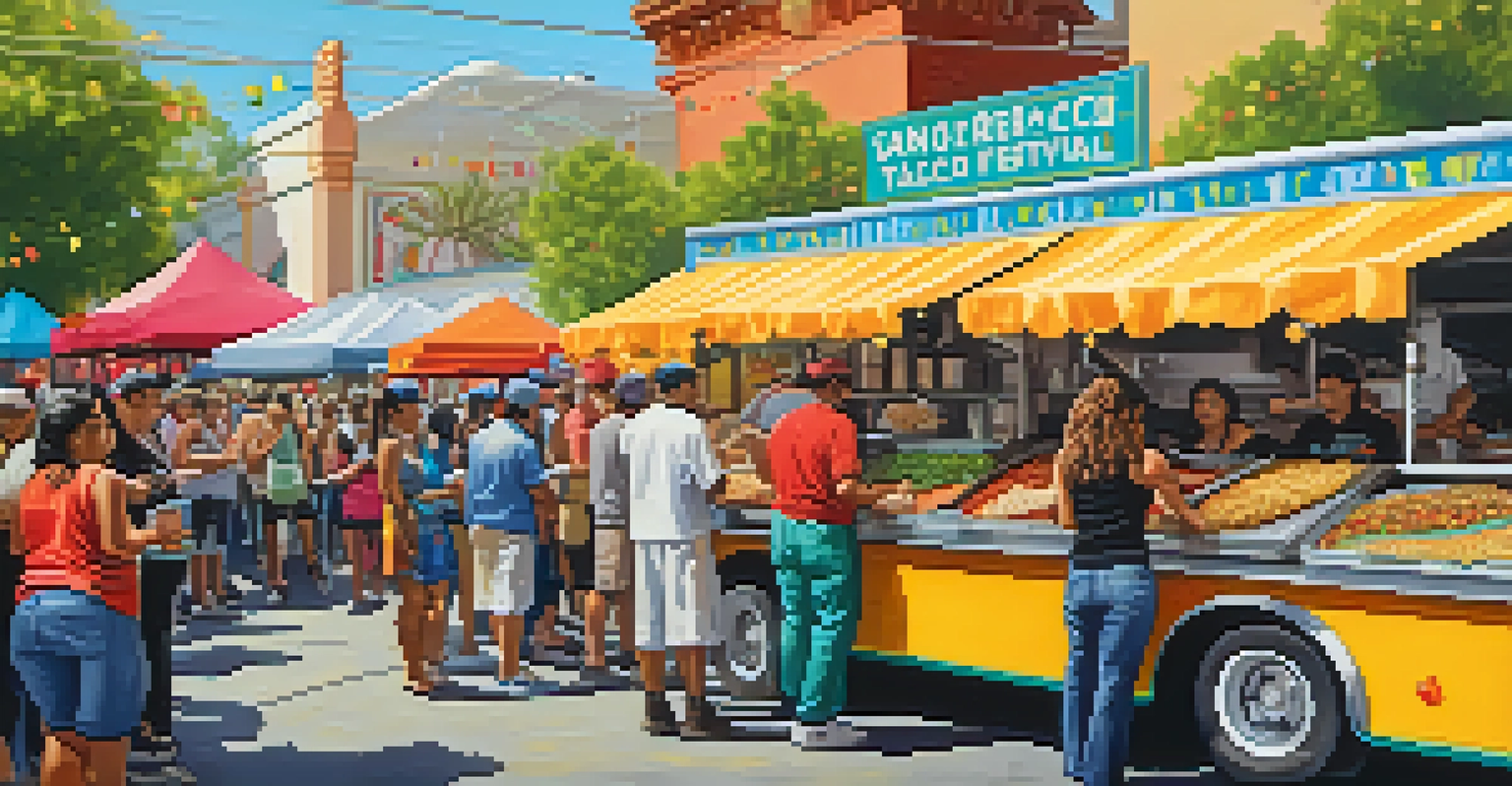 A lively taco festival in San Jose with food stalls, chefs preparing tacos, and attendees enjoying the festive atmosphere.
