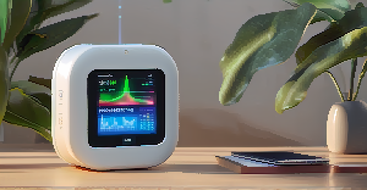 A close-up of a home air quality monitor with colorful indicators for pollutants in a cozy living room filled with plants and soft lighting.