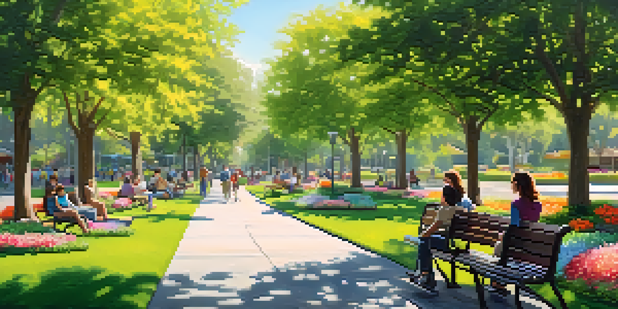 A peaceful park in San Jose with a wide pathway for wheelchair users, featuring trees, benches, and people enjoying the space.