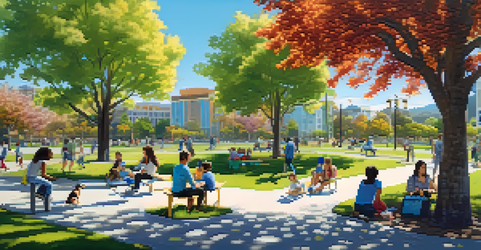 A lively park filled with families having a picnic, children playing, and people walking dogs, with smart amenities like Wi-Fi hotspots and charging stations visible.