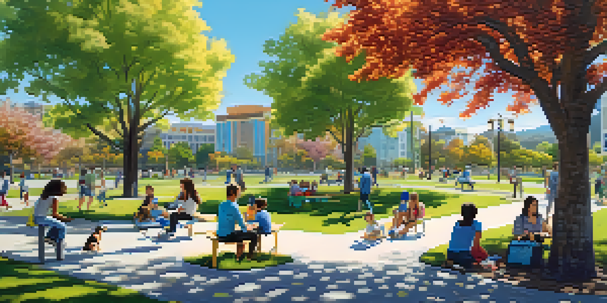 A lively park filled with families having a picnic, children playing, and people walking dogs, with smart amenities like Wi-Fi hotspots and charging stations visible.