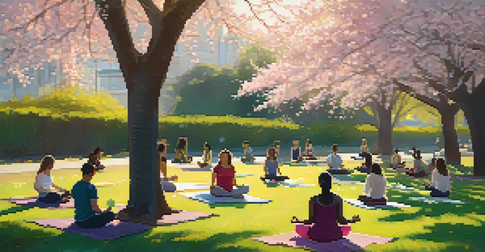A peaceful park in San Jose with diverse individuals practicing yoga and meditation under cherry blossom trees during sunset.