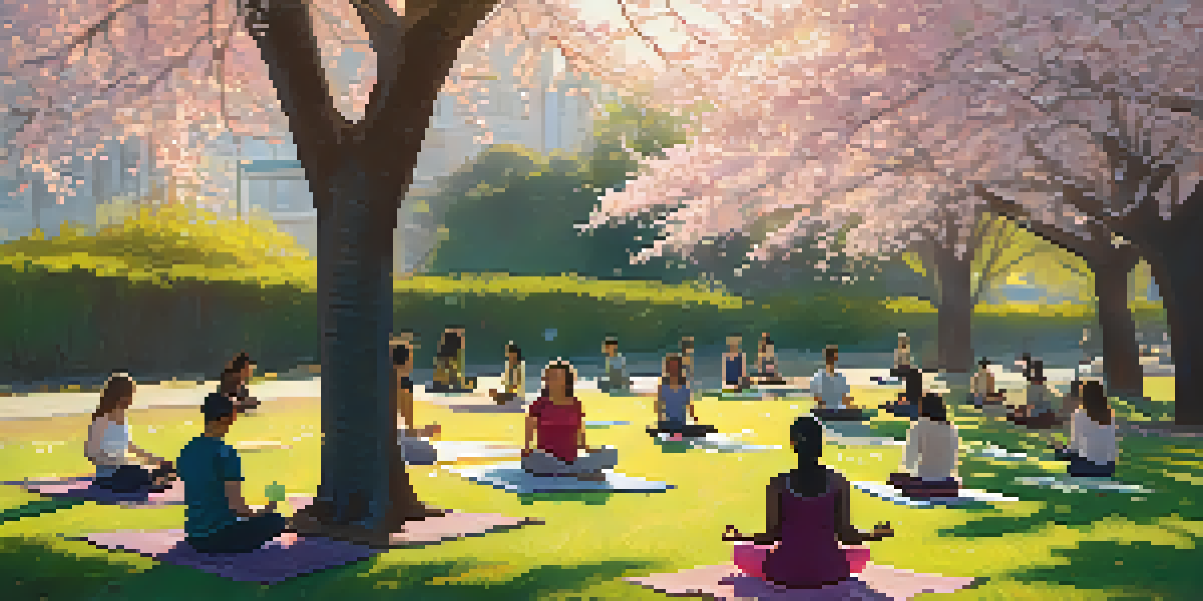 A peaceful park in San Jose with diverse individuals practicing yoga and meditation under cherry blossom trees during sunset.