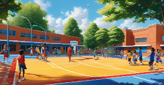Children of diverse backgrounds playing basketball at a community center in San Jose, with a bright blue sky and lush greenery.