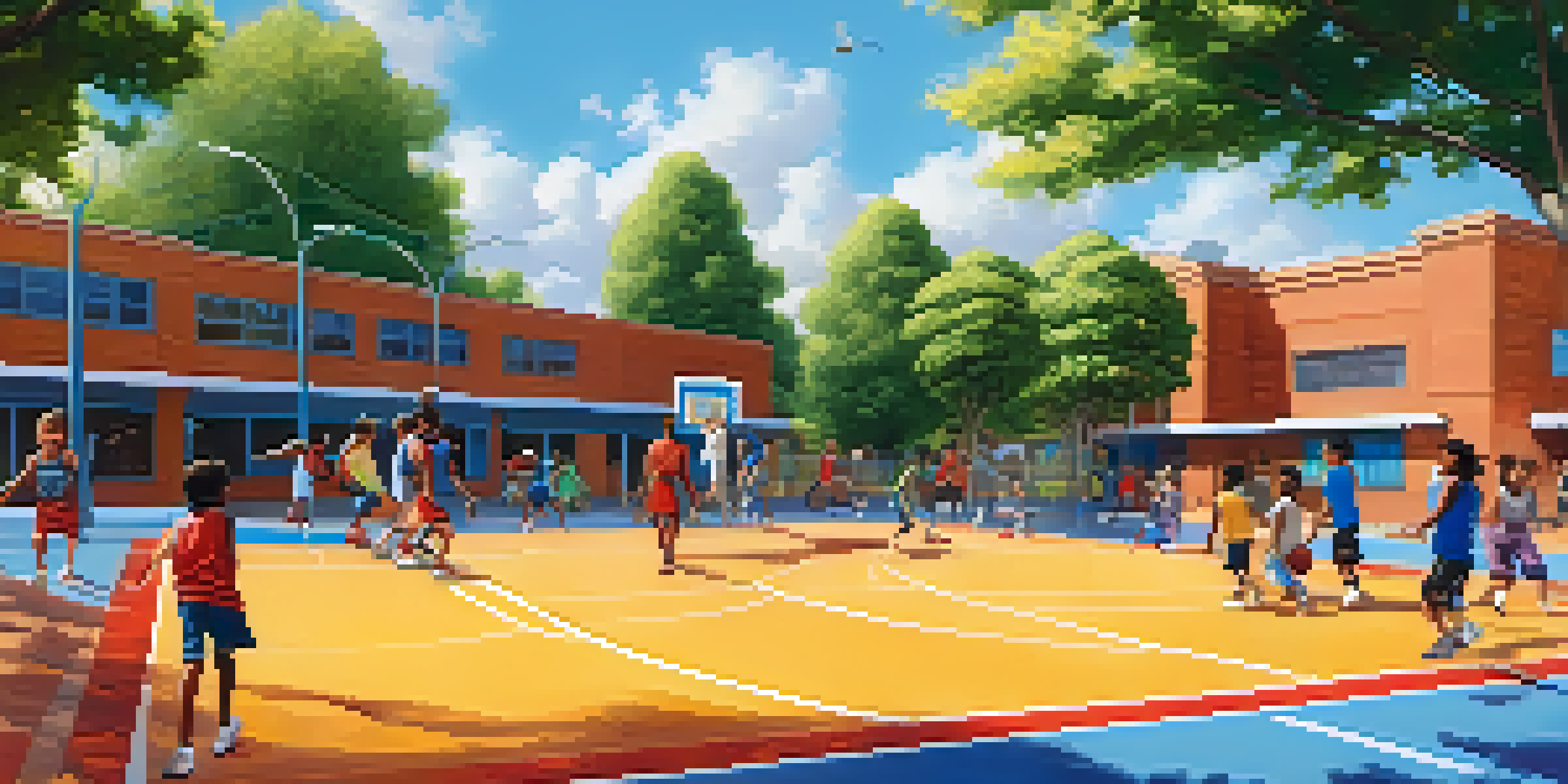 Children of diverse backgrounds playing basketball at a community center in San Jose, with a bright blue sky and lush greenery.