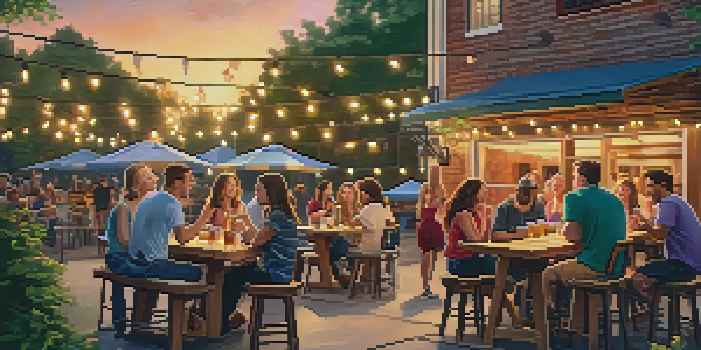 A lively outdoor brewery patio with friends enjoying drinks amidst greenery and a sunset.