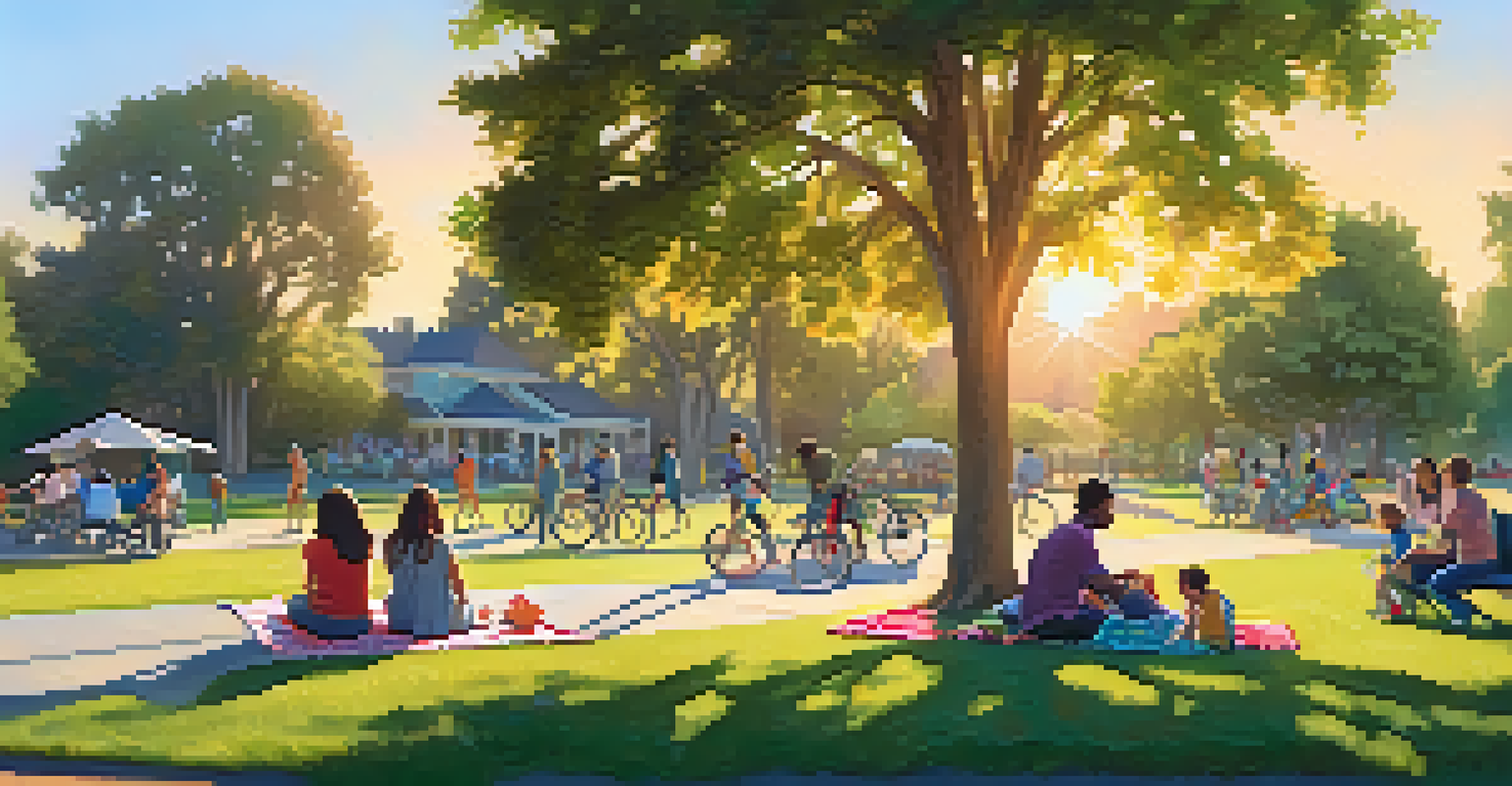 A scenic park in San Jose with families having a picnic and cyclists passing by on a nearby path, all bathed in golden hour light.