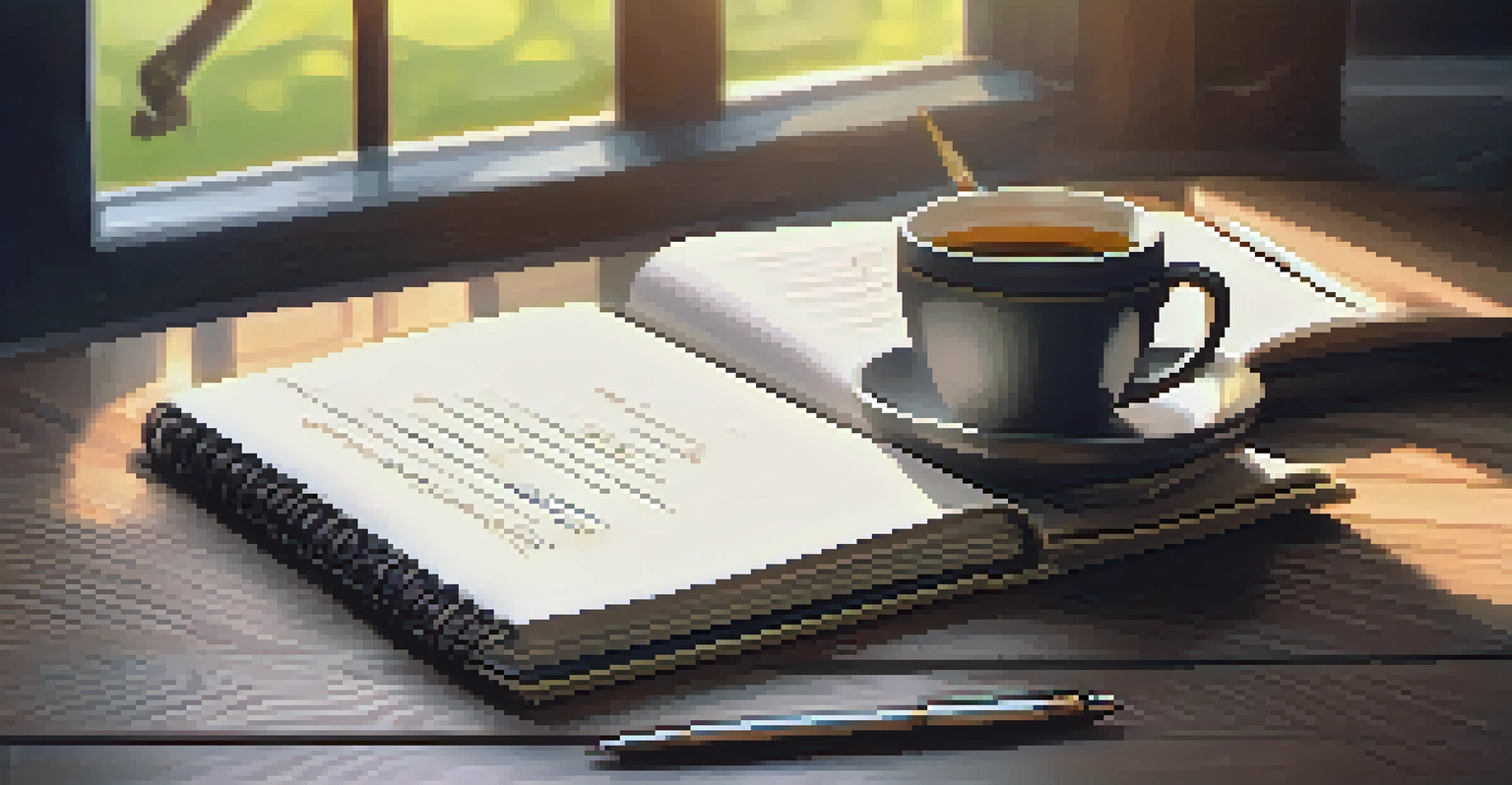 A person writing financial goals in a notebook on a wooden desk with a laptop and coffee.