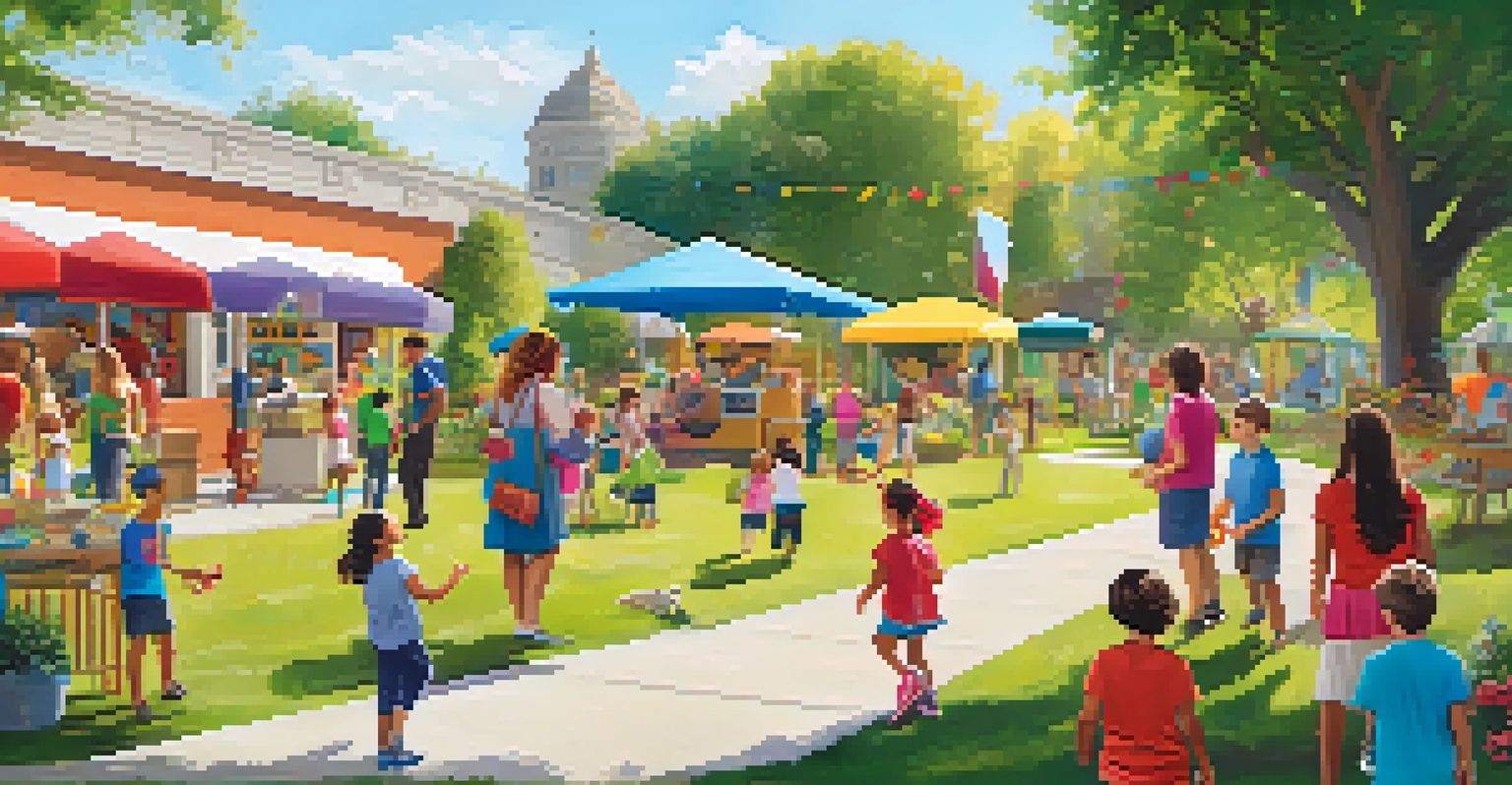 Families enjoying an outdoor museum event with children engaged in a treasure hunt among educational displays and colorful decorations.