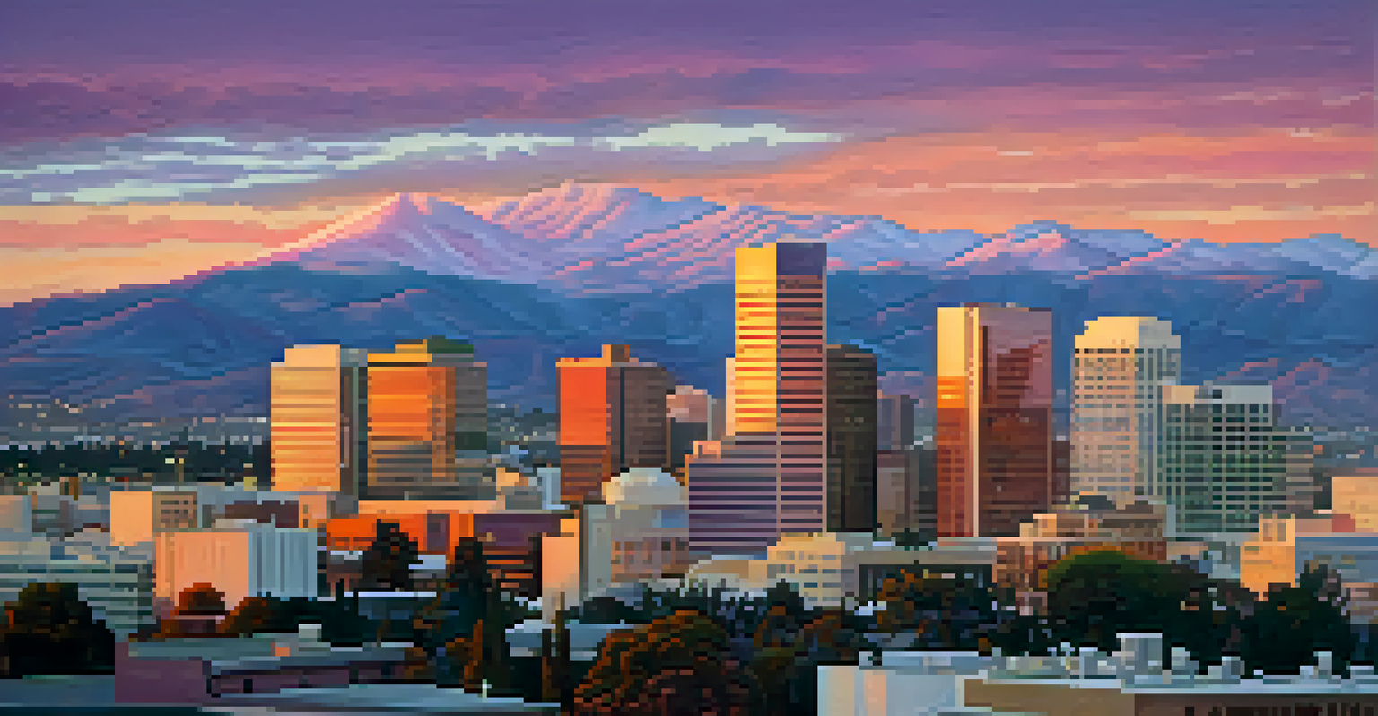 An aerial view of San Jose's skyline at sunset with a colorful sky and modern skyscrapers.