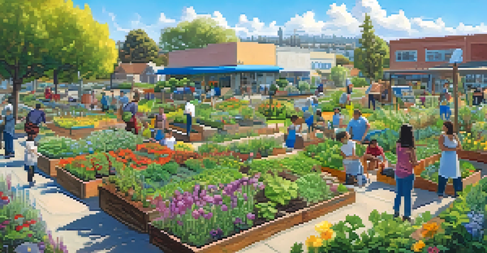 A lively community garden in San Jose with people gardening, colorful flowers, and urban buildings in the background.