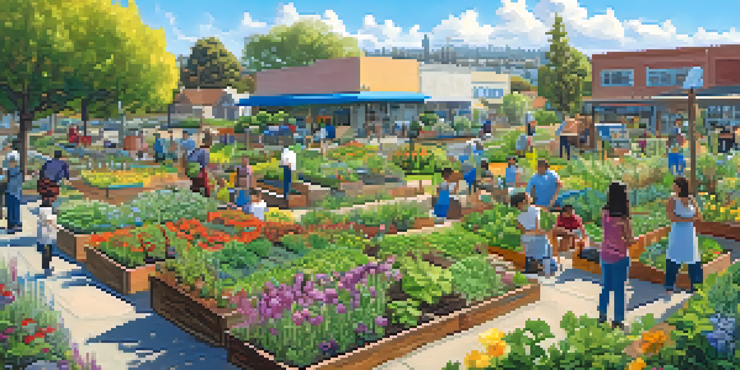 A lively community garden in San Jose with people gardening, colorful flowers, and urban buildings in the background.