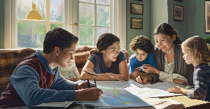 A family discussing their emergency plan around a table filled with maps and supplies in a warmly lit living room.