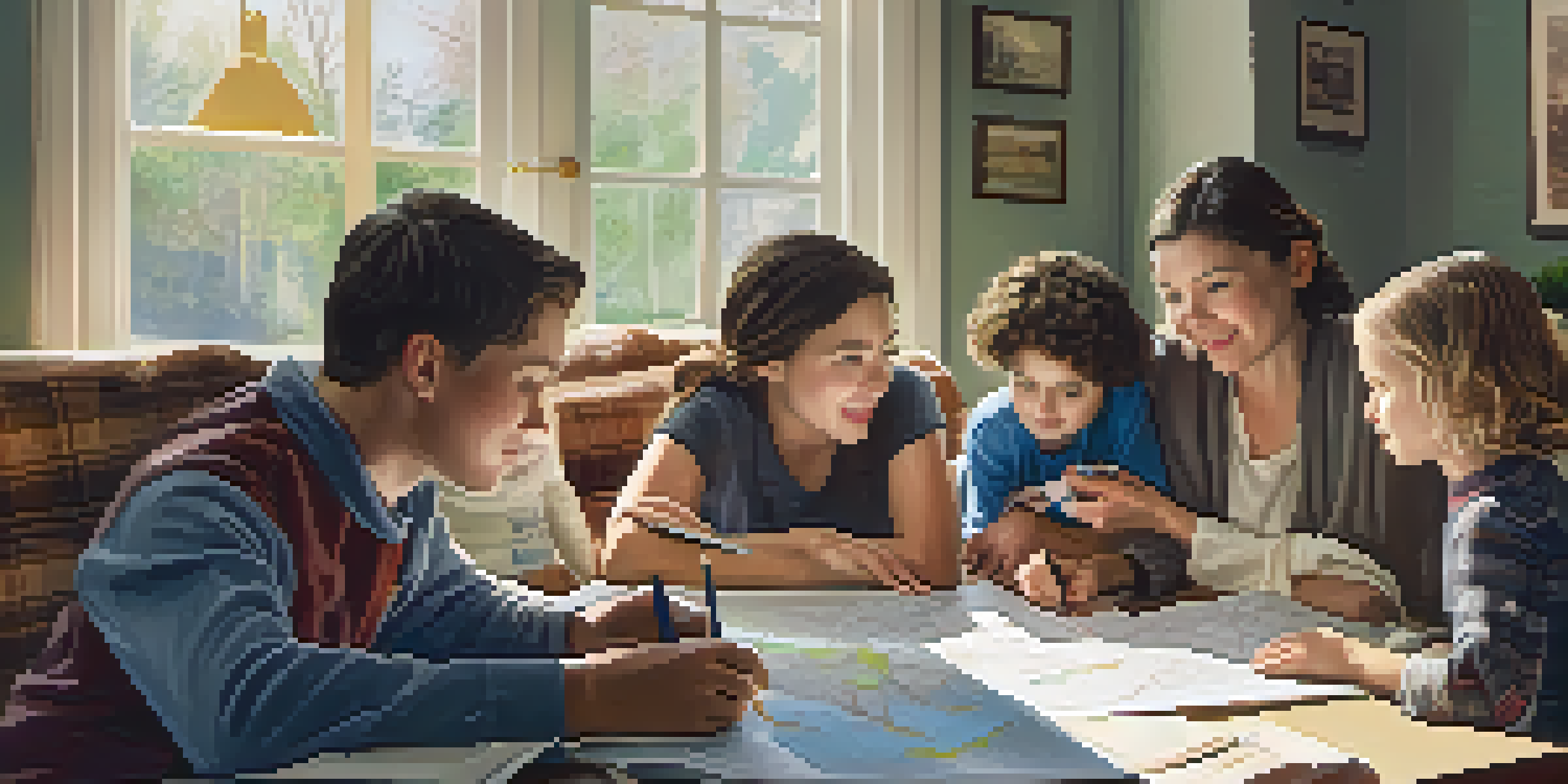 A family discussing their emergency plan around a table filled with maps and supplies in a warmly lit living room.