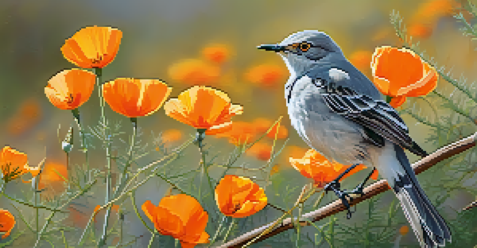 A Northern Mockingbird perched on a branch among blooming California poppies in Alum Rock Park.