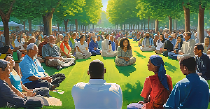 A lively interfaith dialogue event in a park with diverse individuals conversing and colorful banners in the background.