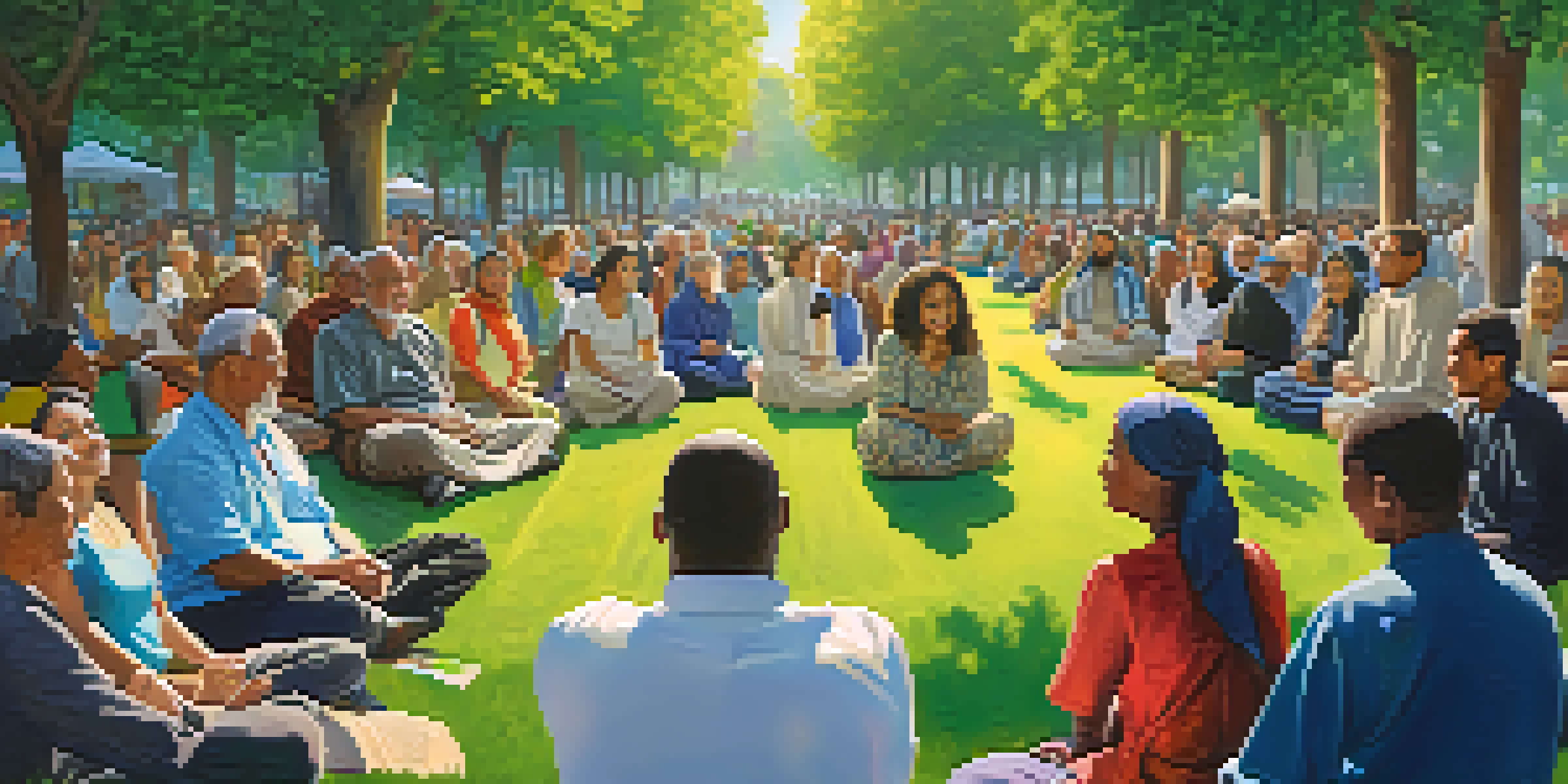 A lively interfaith dialogue event in a park with diverse individuals conversing and colorful banners in the background.