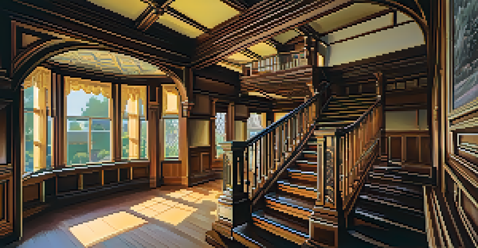 An intriguing interior of the Winchester Mystery House featuring a staircase leading to nowhere, with detailed woodwork and atmospheric lighting.