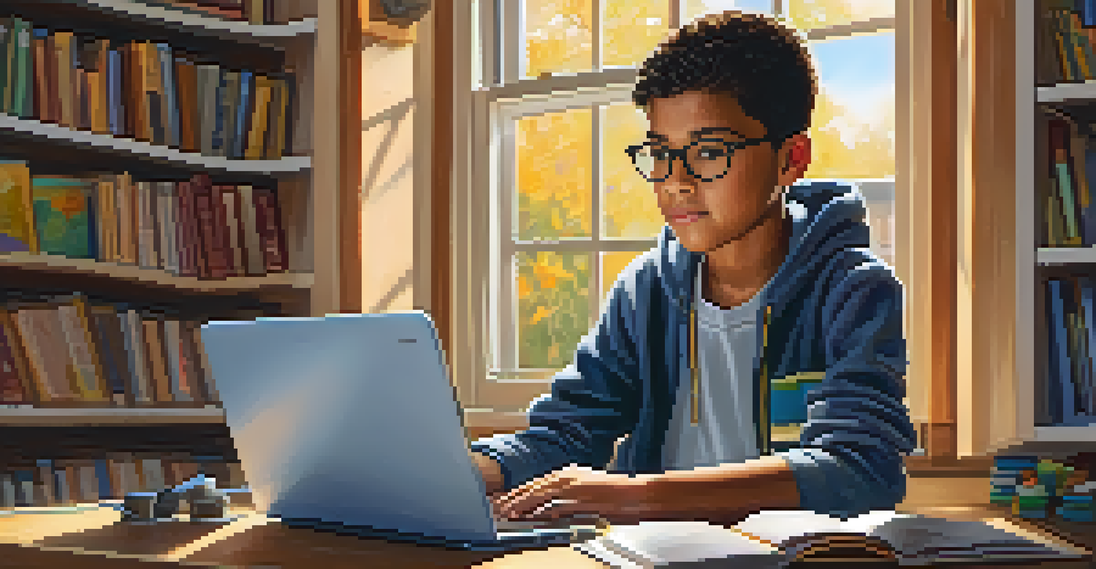 A young student sitting in a cozy room, intently focused on a laptop while engaging in online learning, with books and school supplies around them.